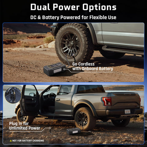 Powerful Heavy Duty Tire Inflator Portable Air Compressor With 12000mAh Battery 150 PSI Output by truck on rugged terrain