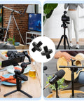 Top Shelf 4 Pack Quarter Inch Male To Male Threaded Tripod Screw Adapter Fits Camera Cages And Light Stands Knurled Aluminum Build shown with various setups.