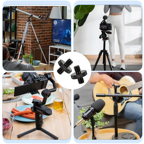Top Shelf 4 Pack Quarter Inch Male To Male Threaded Tripod Screw Adapter Fits Camera Cages And Light Stands Knurled Aluminum Build shown with various setups.