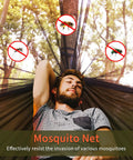 Person relaxing in All In One Camping Hammock With Mosquito Net And Rain Fly Tarp Portable Nylon Parachute Hammock.