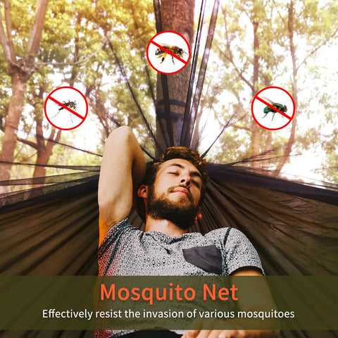 Person relaxing in All In One Camping Hammock With Mosquito Net And Rain Fly Tarp Portable Nylon Parachute Hammock.