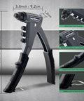 One Handed Pop Rivet Gun Set With Extended 9.6 Inch Ergonomic Handle and Non Slip Grip close-up showing tool-free heads.
