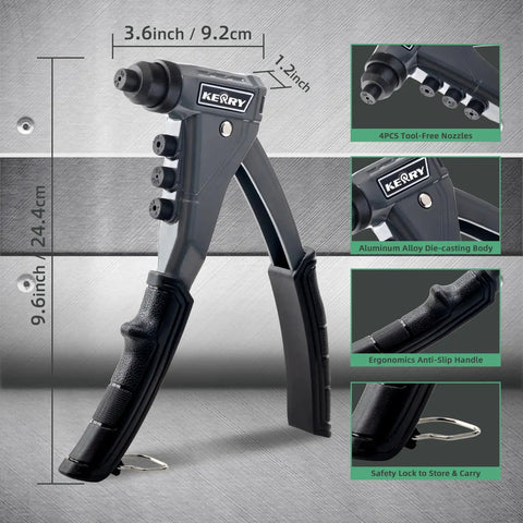 One Handed Pop Rivet Gun Set With Extended 9.6 Inch Ergonomic Handle and Non Slip Grip close-up showing tool-free heads.
