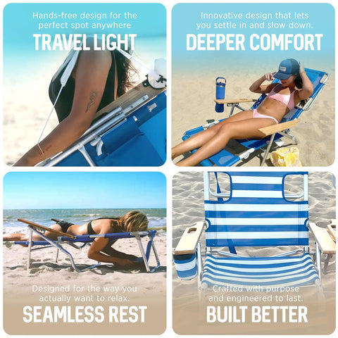 3N1 Lightweight Beach Reclining Lounge Chair With Footrest For Patio Porch Balcony Or Backyard, showing multiple uses