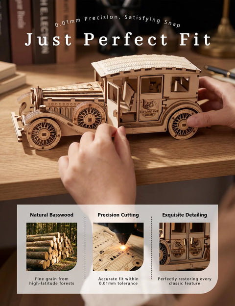 Paintable 3D Wooden Vintage Car Puzzle For Adults No Glue Required 187 Piece build, basswood classic car model with hands on assembly