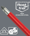 Stainless VDE Slotted Screwdriver With Lasertip One Eighth Inch Head Three Point One Nine Inch Blade 1000 Volt Safe Working Voltage Rust Resistant 3160i Water Bath Tested At Ten Thousand Volts Pro Grade Tool, red handle close-up, certifications visible.