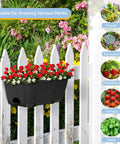 Four Pack Window Box Planters With Easy Install Adjustable Brackets, black planter on white fence with red flowers