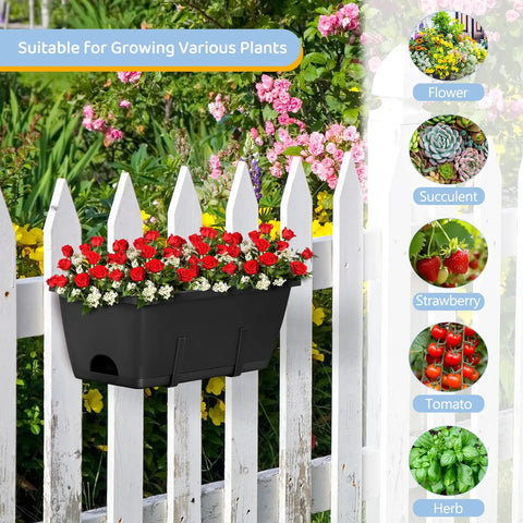 Four Pack Window Box Planters With Easy Install Adjustable Brackets, black planter on white fence with red flowers