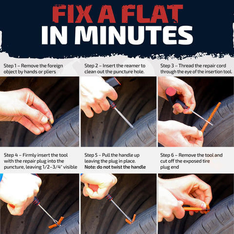 Fixing a flat tire in six steps using Tire Repair Kit For Plug And Patch Self Vulcanizing Tubeless Tire Repair Essential Roadside Ready Kit