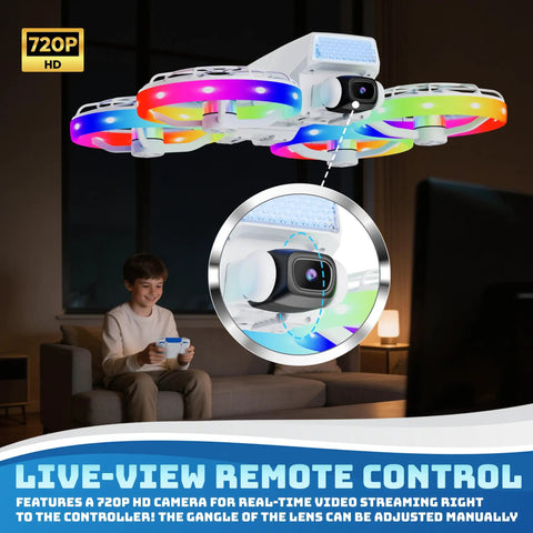 Mini Foldable Drone With 4.3 Inch Screen Remote No Smartphone Needed 720P HD Dual Camera LED Lights in living room