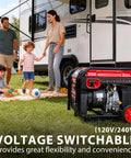 Families enjoying outdoor activities with 7000-Watt Open Frame Inverter Generator With Electric Start Portable Power next to RV.