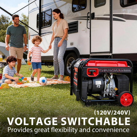 Families enjoying outdoor activities with 7000-Watt Open Frame Inverter Generator With Electric Start Portable Power next to RV.