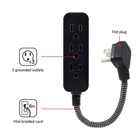 Pro Mini 3 Outlet Power Strip With 6 Inch Designer Braided Cord, Flat Plug, Grounded, UL Listed, Black And Gray Chevron Cable