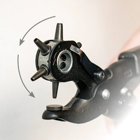 Close-up of Leather Hole Punch Kit With Easy Squeeze Lever Rotating Punch Wheel, showing rotating mechanism and punch heads.