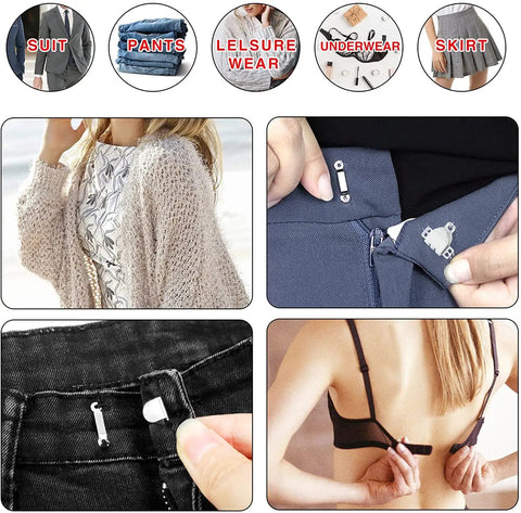 Sixty Pairs Of High Grade Sewing Hooks And Eyes Garment Fasteners on varied clothing types for skirts, bras, and pants.