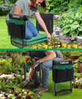 Person using Garden Kneeler And Seat With Extra Wide Soft Kneeling Pad And Large Tool Pouches, Heavy Duty Foldable Garden Stool in yard.