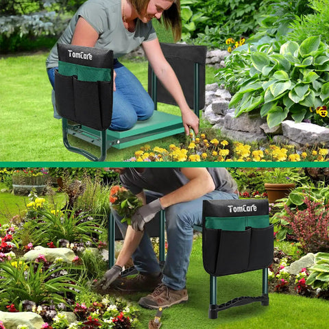 Person using Garden Kneeler And Seat With Extra Wide Soft Kneeling Pad And Large Tool Pouches, Heavy Duty Foldable Garden Stool in yard.