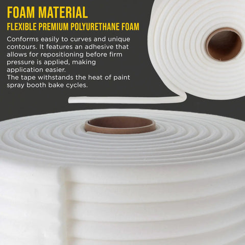 Dura-Gold Soft Edge Foam Masking Tape Is Total Pro Gear For Fast Car Jamb Sealing And Paint Overspray Protection, Stretching 55 Yards To Fit Any Door Jam Hood Or Trunk With Easy Conforming Precision, showing flexible polyurethane foam and spool.
