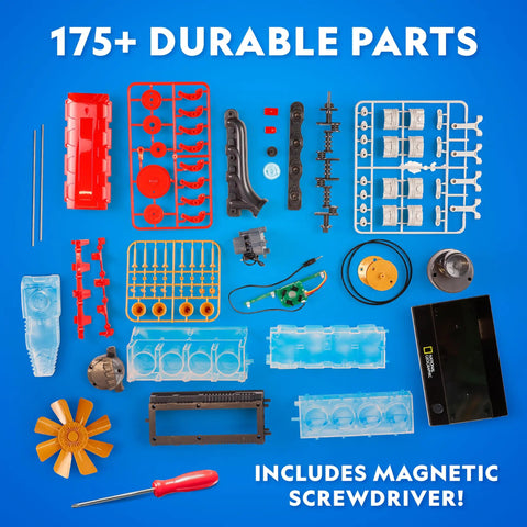 4 Cylinder Engine Building Kit With 175 Pieces, Working Visible Engine Model components and tools on blue background.