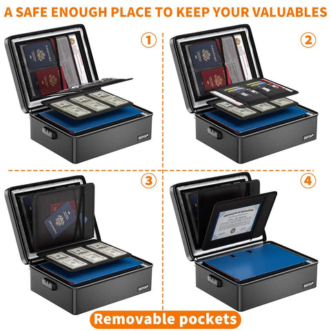 Beefy Fireproof Document Box Hard Case With Fireproof Zipper And Lock, 6400F Heat Insulation, 4 views showing compartments