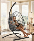 Chill Outdoor Hanging Egg Chair With Stand For Patio And Garden, Cushioned Wicker Rattan Swing Chair Up To 300 Lbs, Gray indoors