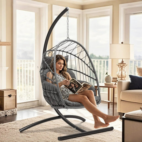 Chill Outdoor Hanging Egg Chair With Stand For Patio And Garden, Cushioned Wicker Rattan Swing Chair Up To 300 Lbs, Gray indoors