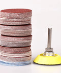 Built Tough 300 Piece 2 Inch Sanding Disc Set Packing 80 To 3000 Grit Grades and fast swap backing pad stack with yellow mount.