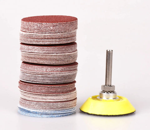 Built Tough 300 Piece 2 Inch Sanding Disc Set Packing 80 To 3000 Grit Grades and fast swap backing pad stack with yellow mount.