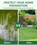 Comparison image showing flooded grass before using yard drainage system and dry lawn after installation of drainage system.