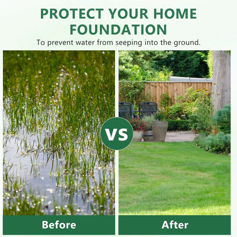 Comparison image showing flooded grass before using yard drainage system and dry lawn after installation of drainage system.