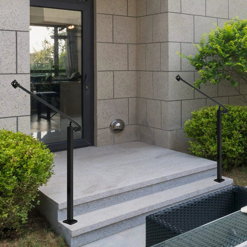 Heavy Duty Adjustable Stair Handrail Rock Solid Wall And Floor Mounted Wrought Iron Safety Rail Built Tough For One To Three Steps No Sweat Installation In Matte Black Steel on outdoor steps.