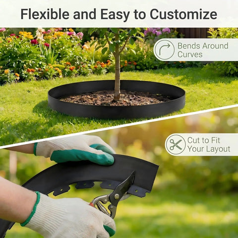 No Dig Landscape Edging Kit 40 Ft By 2 In Flexible Black Lawn Border curved around tree and cut with shears