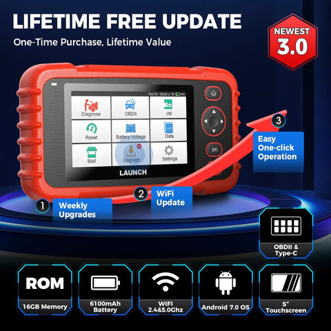 CRP129X V3.0 Elite OBD2 Scanner For Cars with on-screen menu, 12 reset services, WiFi, and lifetime updates displayed.
