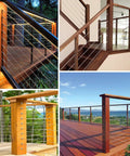 Cable railing deck and stair installations featuring wood posts, showcasing possible uses for Upgraded Drill Guide Jig With 3 Angles.