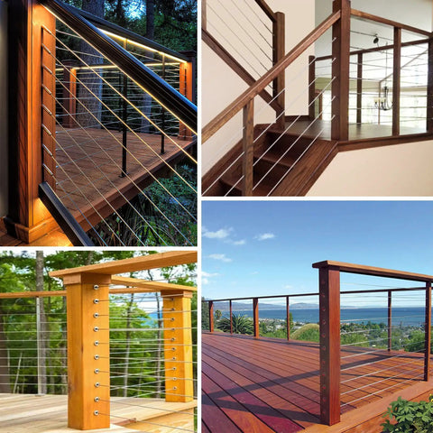 Cable railing deck and stair installations featuring wood posts, showcasing possible uses for Upgraded Drill Guide Jig With 3 Angles.