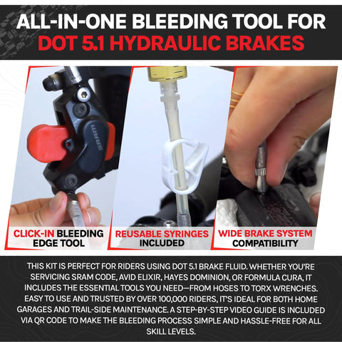 Complete Hydraulic Disc Brake Bleed Kit With 250ml DOT 5.1 Mineral Oil, Dual Luer Syringes, M5 Hoses shown with bleeding edge tool in use