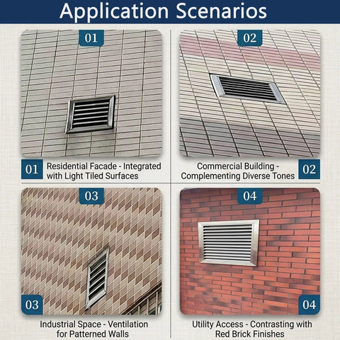Heavy Louvered Access Panel For Drywall And Ceiling Vent Cover Rustproof 304 Stainless Steel Air Grille on a light tiled residential facade.