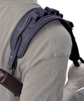 Rifle Buttstock Cover With Leather And Waxed Canvas Cushion, Matching Gun Sling, shoulder view with shell holder, black strap