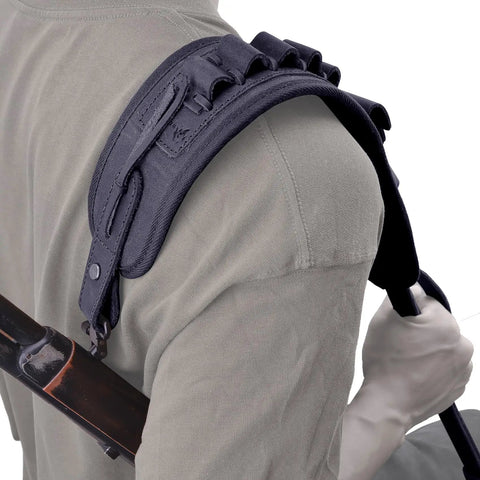 Rifle Buttstock Cover With Leather And Waxed Canvas Cushion, Matching Gun Sling, shoulder view with shell holder, black strap