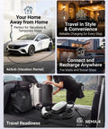 Plug And Go Portable Level 1 And 2 EV Charger With 25 Foot Cord J1772 Connector for vacations, shown with suitcase in car trunk.