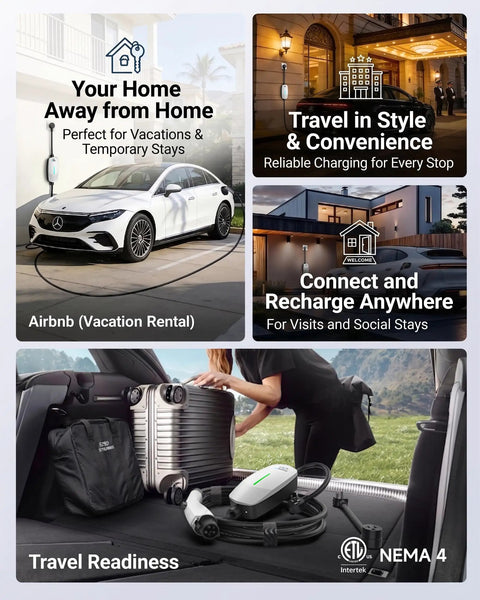Plug And Go Portable Level 1 And 2 EV Charger With 25 Foot Cord J1772 Connector for vacations, shown with suitcase in car trunk.