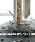 Close-up of a titanium-coated twist drill bit cutting metal with spiraled flutes and chips