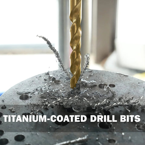 Close-up of a titanium-coated twist drill bit cutting metal with spiraled flutes and chips