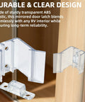 Universal Fit RV Sliding Mirrored Door Latch H527 Replacement For Camper Closet Doors Straight Up Solid Transparent ABS Plastic components on wood.