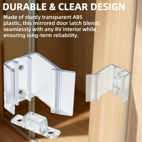 Universal Fit RV Sliding Mirrored Door Latch H527 Replacement For Camper Closet Doors Straight Up Solid Transparent ABS Plastic components on wood.