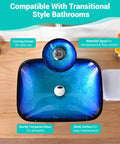 Top view of Dope Blue Ripple Tempered Glass Vessel Sink With Waterfall Faucet For Above Counter Vanity Rectangle Design Pop Up Drain