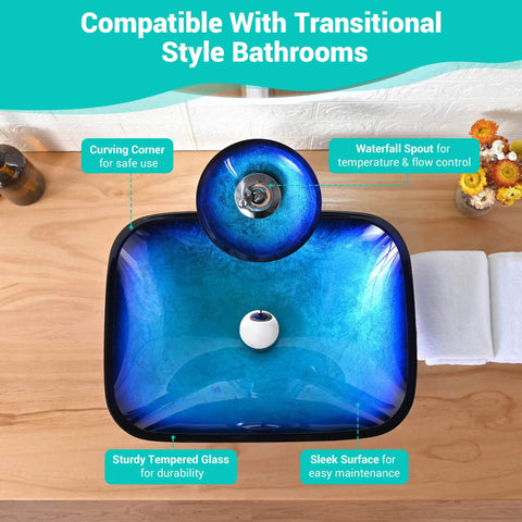 Top view of Dope Blue Ripple Tempered Glass Vessel Sink With Waterfall Faucet For Above Counter Vanity Rectangle Design Pop Up Drain