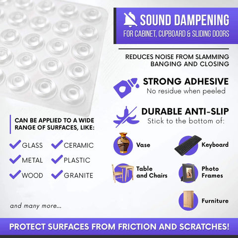 Clear Soft Close Cabinet Bumpers With Adhesive Rubber Cushions For Drawers Cutting Boards And Picture Frames Non Slip Circular Dots infographic