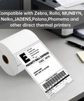 4x6 Direct Thermal Shipping Labels Roll, 500 Labels, shown with a printer and pens on a desk, compatible with Rollo, Zebra, MUNBYN printers
