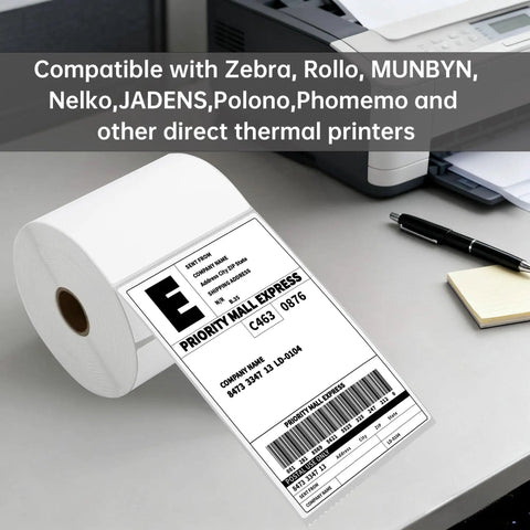 4x6 Direct Thermal Shipping Labels Roll, 500 Labels, shown with a printer and pens on a desk, compatible with Rollo, Zebra, MUNBYN printers